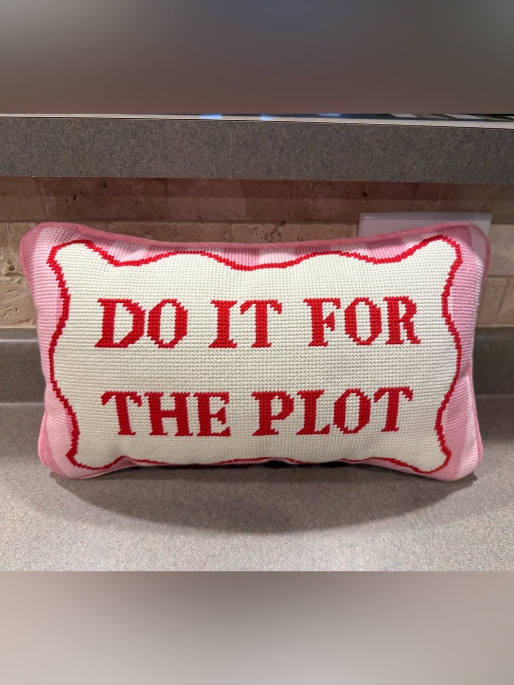 “Do It For The Plot” Pink and Red Needlepoint Decorative Pillow